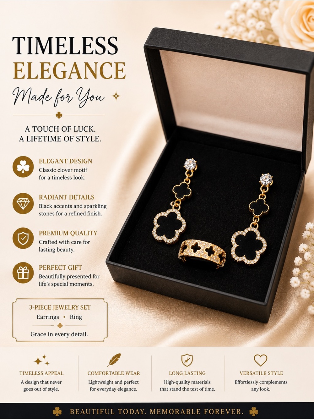 Size 8-Timeless Elegance Gold Finish Clover Jewelry Set with Black Accents